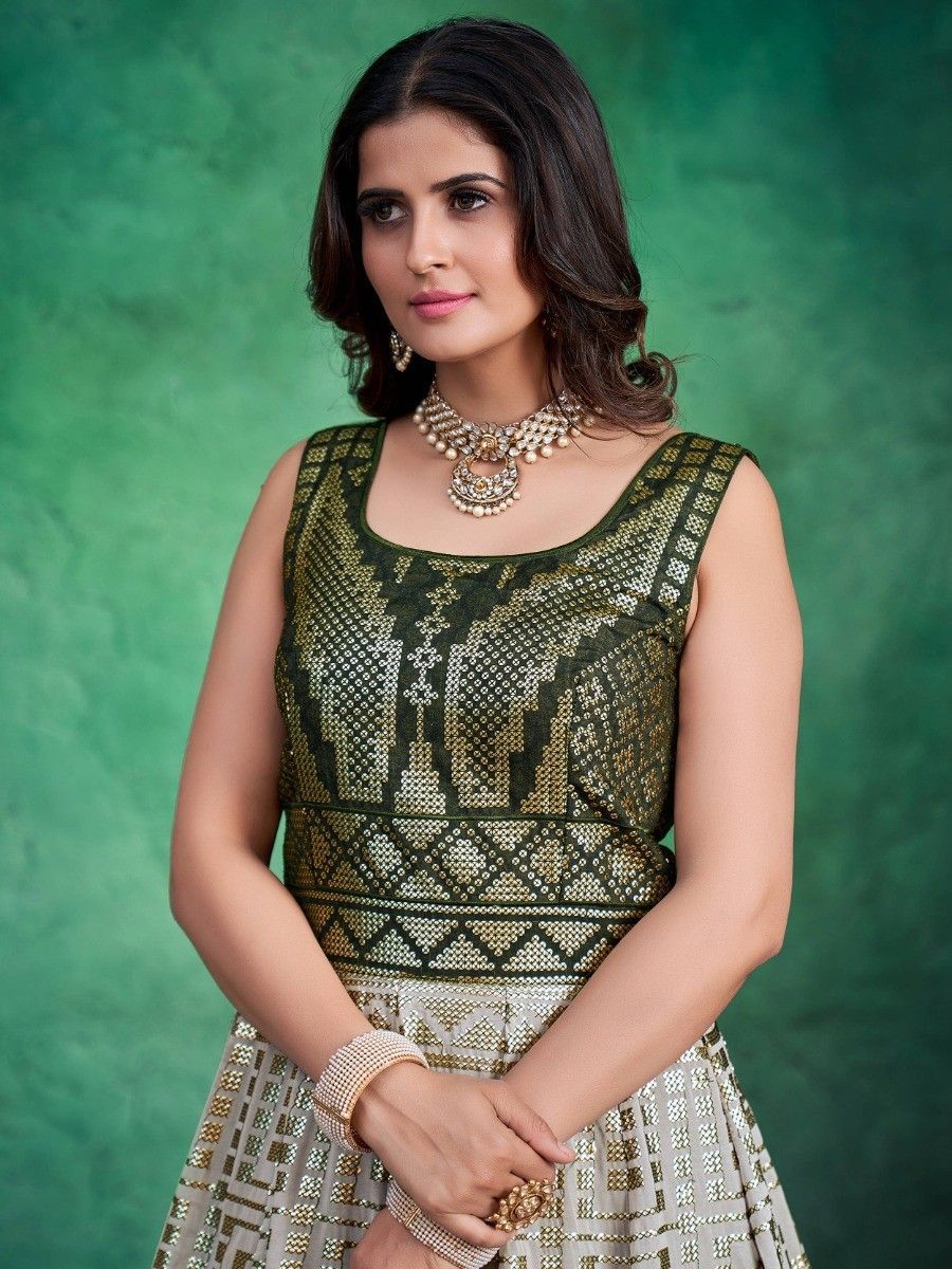 Green Pakistani Georgette Long Anarkali Gown For Indian Festivals & Weddings - Sequence Embroidery Work