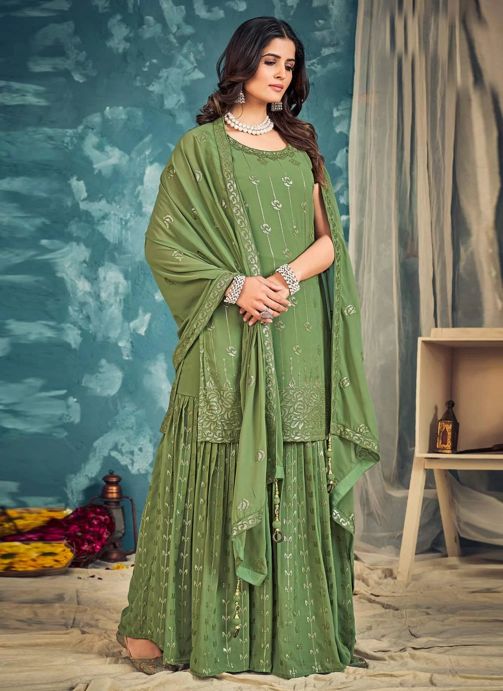 Green Pakistani Georgette Sharara For Indian Festivals & Weddings - Sequence Embroidery Work, Zari Work
