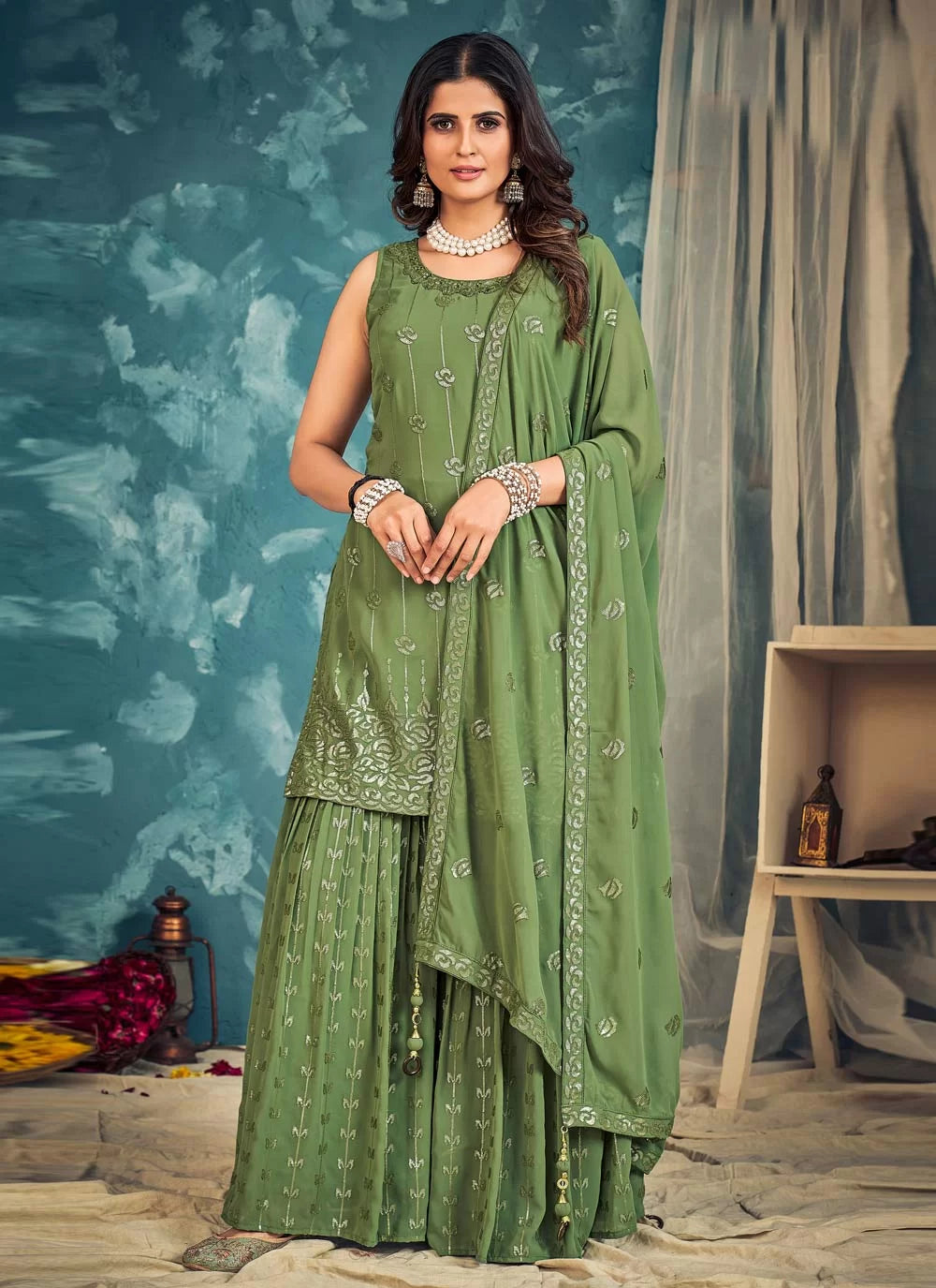 Green Pakistani Georgette Sharara For Indian Festivals & Weddings - Sequence Embroidery Work, Zari Work