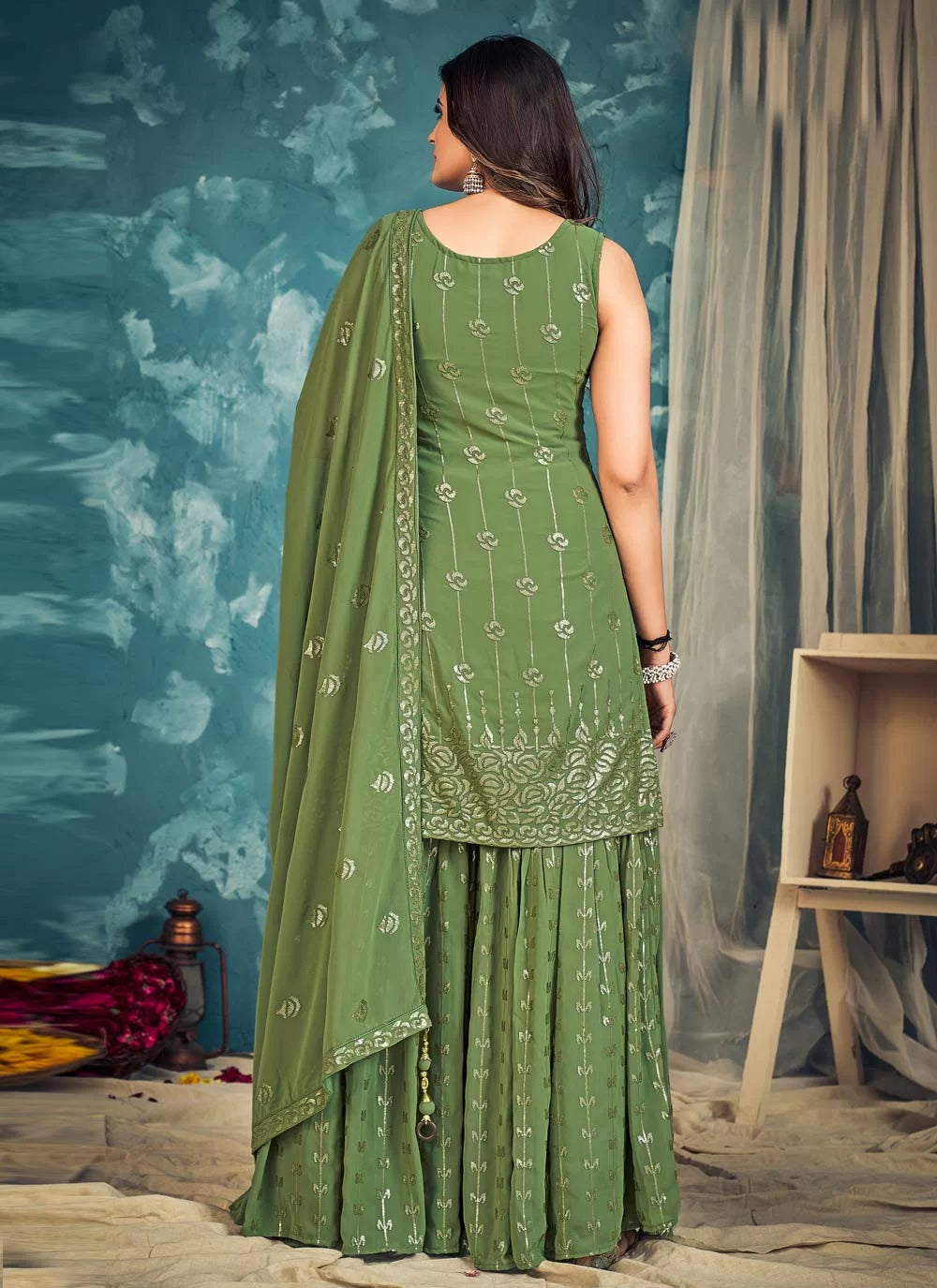 Green Pakistani Georgette Sharara For Indian Festivals & Weddings - Sequence Embroidery Work, Zari Work
