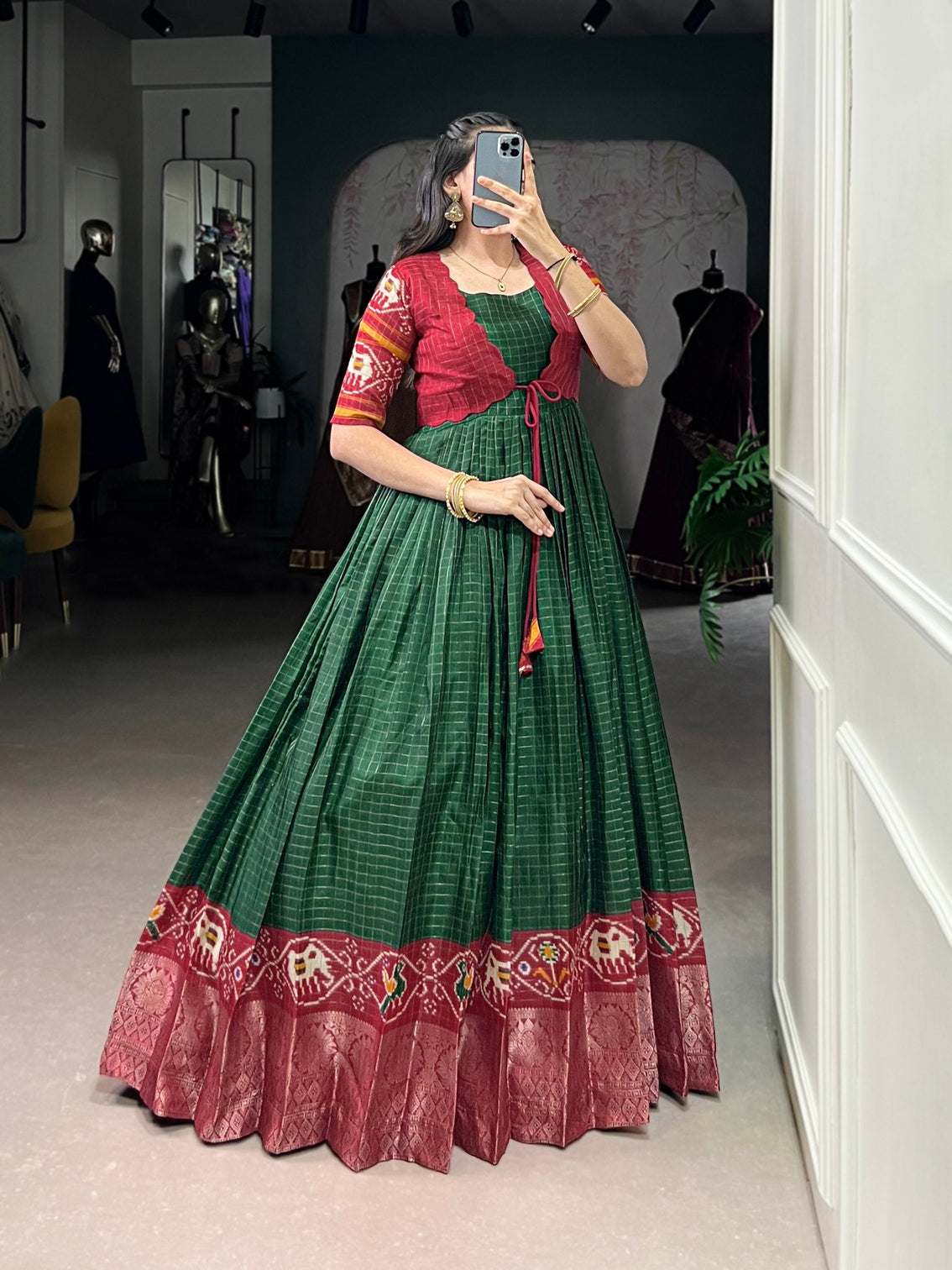 Green Patola Print Tasar Chex Gown with Matching Koti – Stitched Ethnic Wear Set with Weaving Border & Micro Cotton Lining