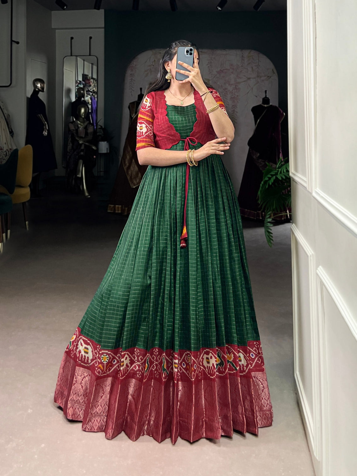 Green Patola Print Tasar Chex Gown with Matching Koti – Stitched Ethnic Wear Set with Weaving Border & Micro Cotton Lining