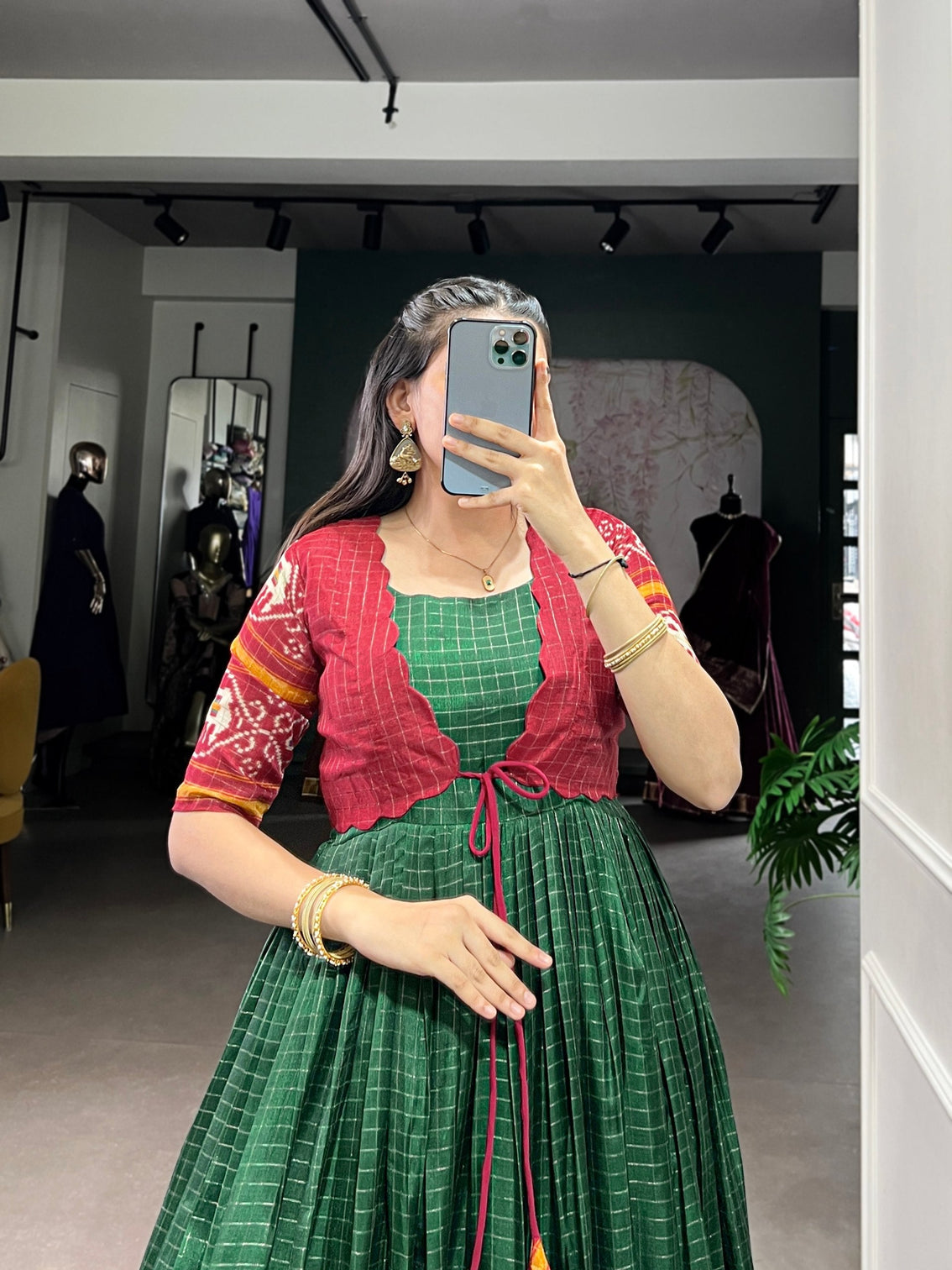 Green Patola Print Tasar Chex Gown with Matching Koti – Stitched Ethnic Wear Set with Weaving Border & Micro Cotton Lining