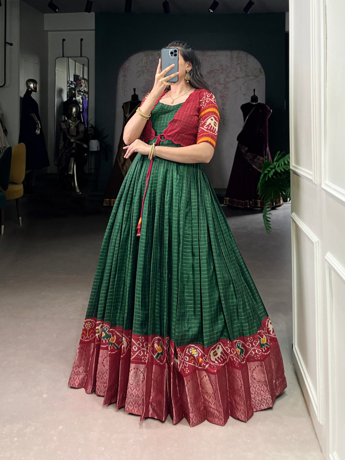 Green Patola Print Tasar Chex Gown with Matching Koti – Stitched Ethnic Wear Set with Weaving Border & Micro Cotton Lining