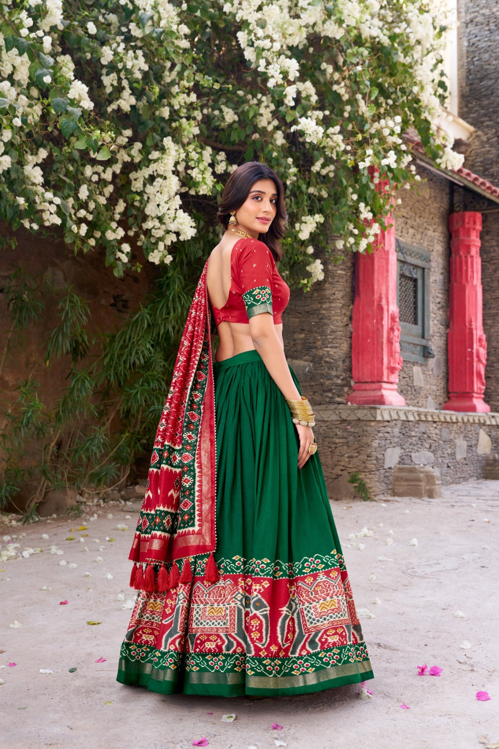 Green Patola Print Tussar Silk Lehenga Set with Gotta Patti Dupatta