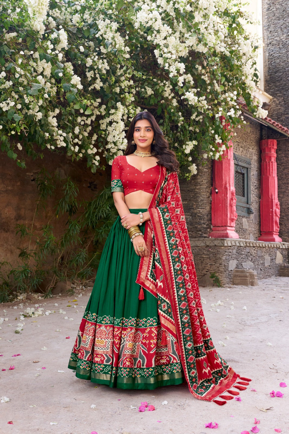 Green Patola Print Tussar Silk Lehenga Set with Gotta Patti Dupatta