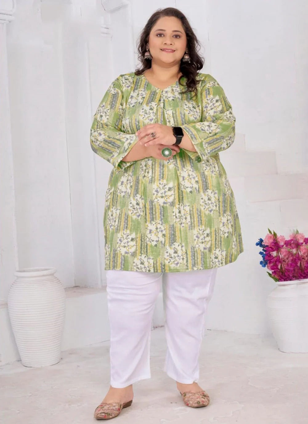 Green plus size printed kurti for women in comfortable riyon slub fabric