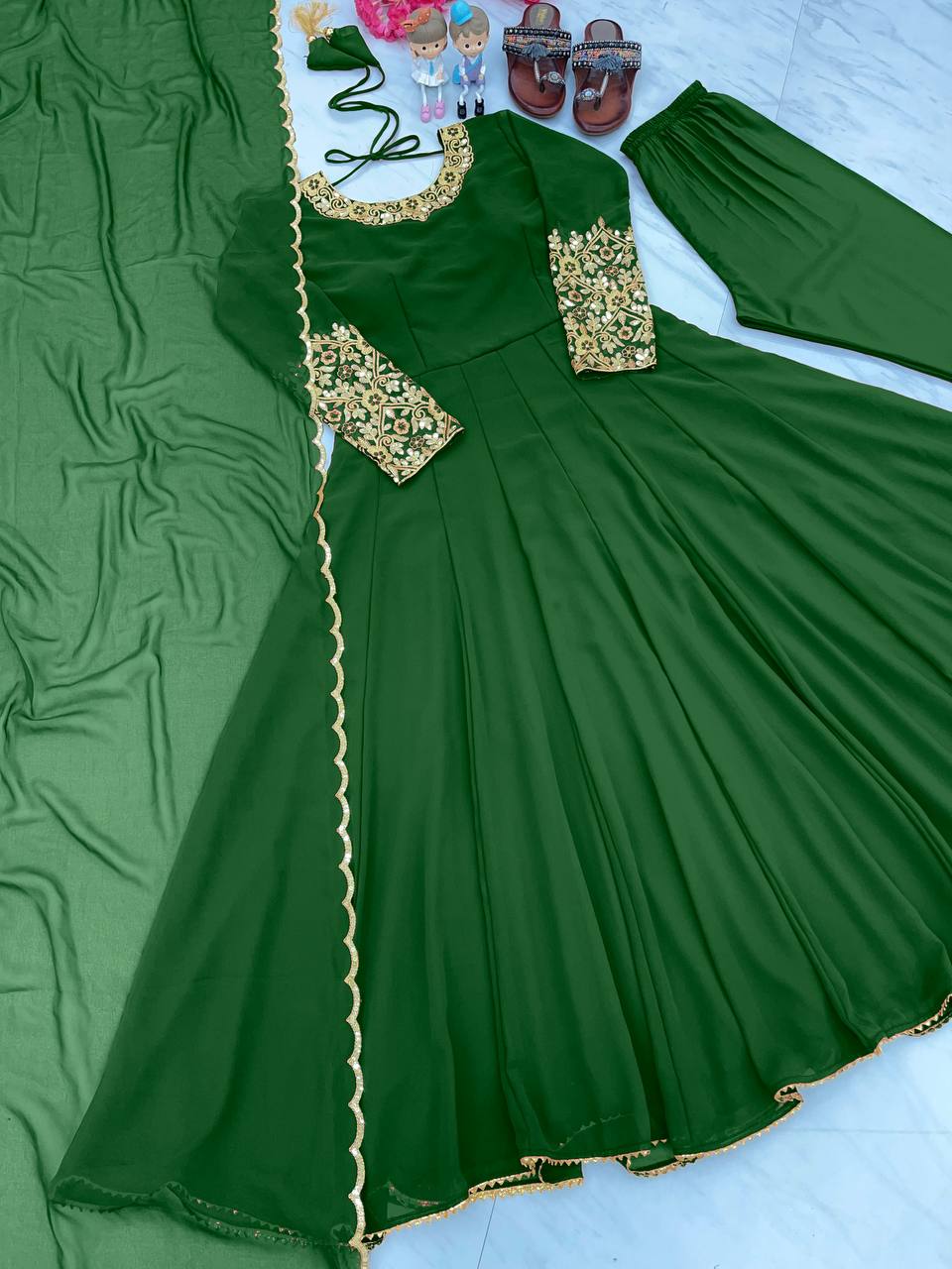 Green Premium Designer Party Wear Anarkali Gown, Dupatta & Bottom Set