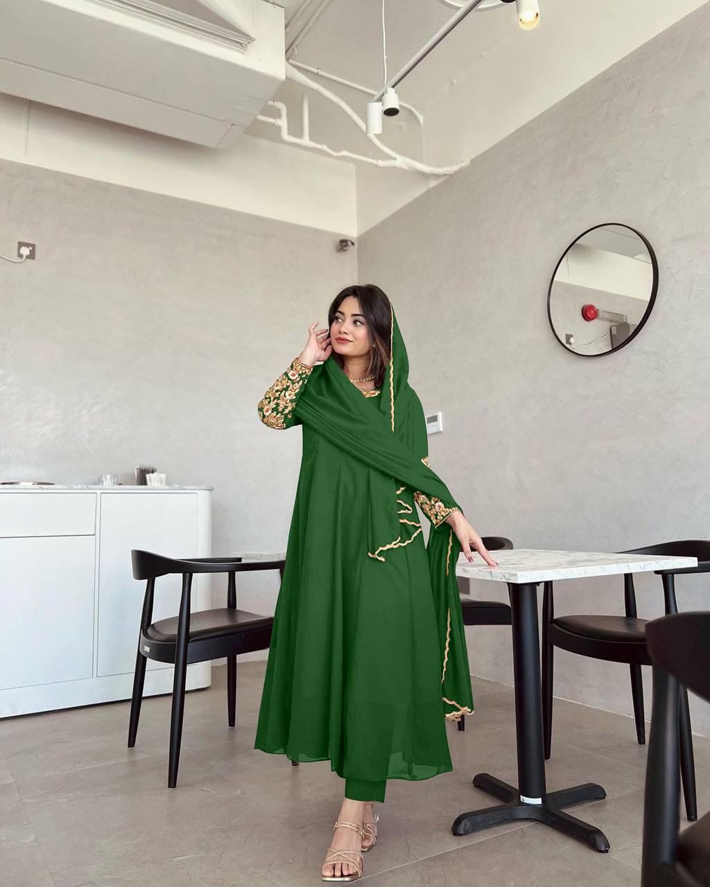 Green Premium Designer Party Wear Anarkali Gown, Dupatta & Bottom Set