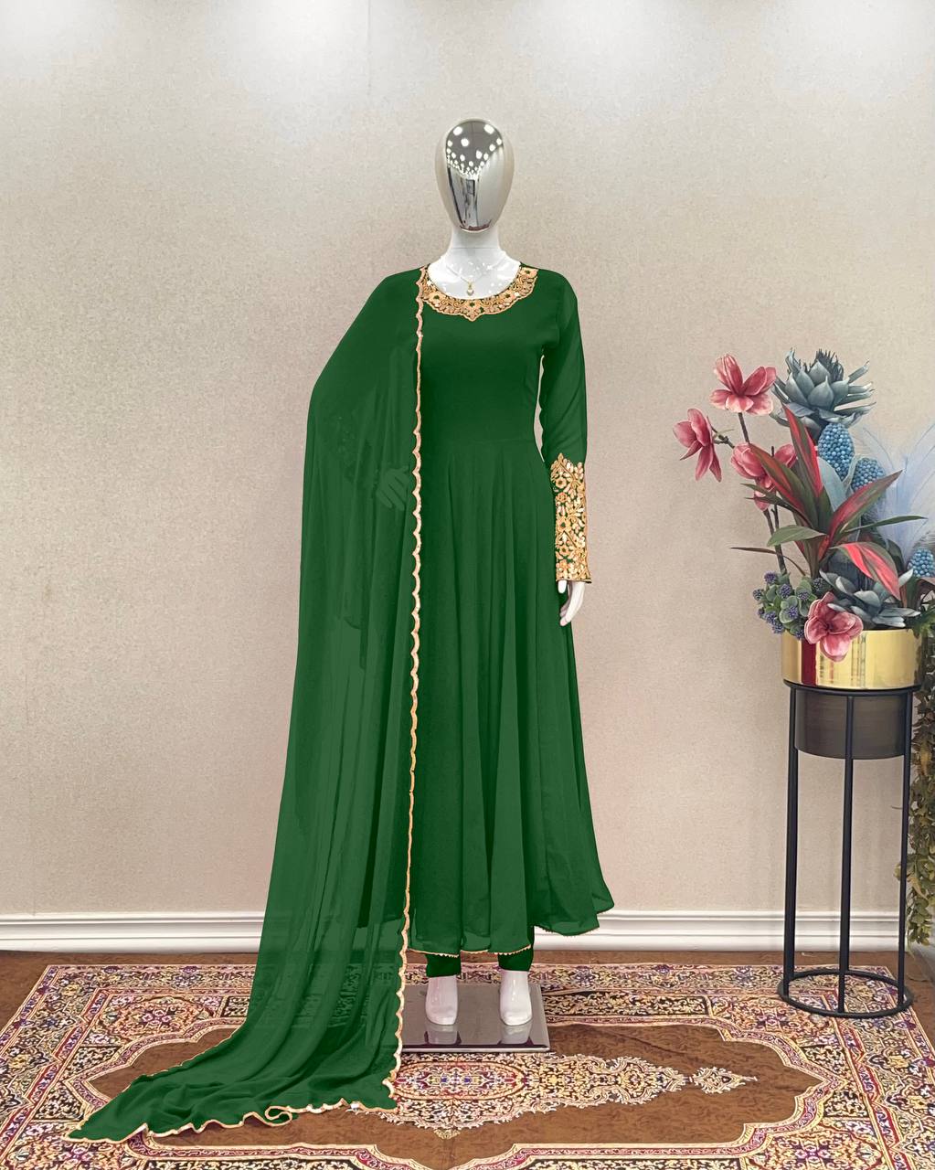 Green Premium Designer Party Wear Anarkali Gown, Dupatta & Bottom Set