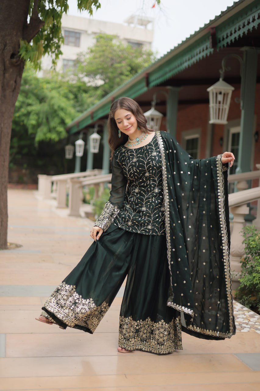 Green Premium Designer Readymade Kurti-Plazzo-Dupatta Set