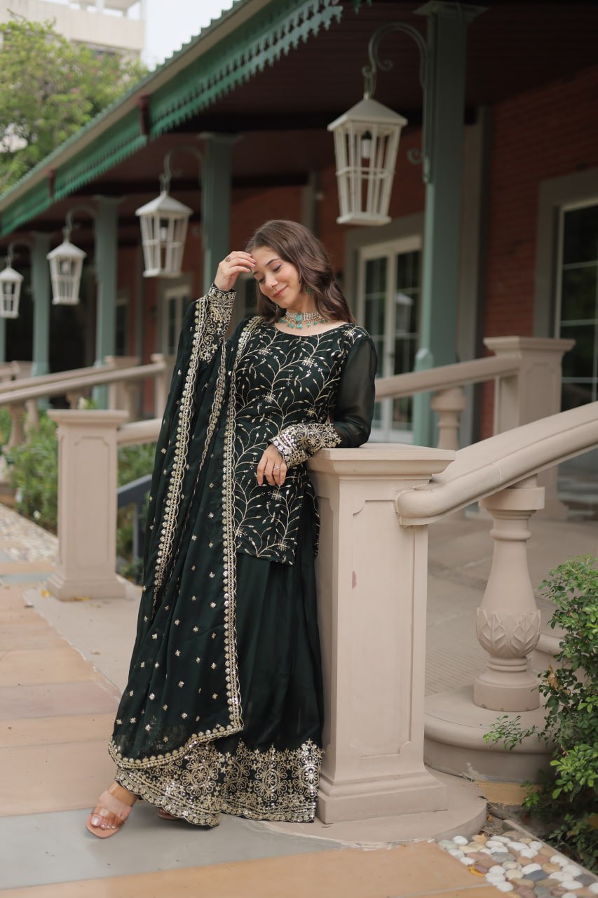 Green Premium Designer Readymade Kurti-Plazzo-Dupatta Set