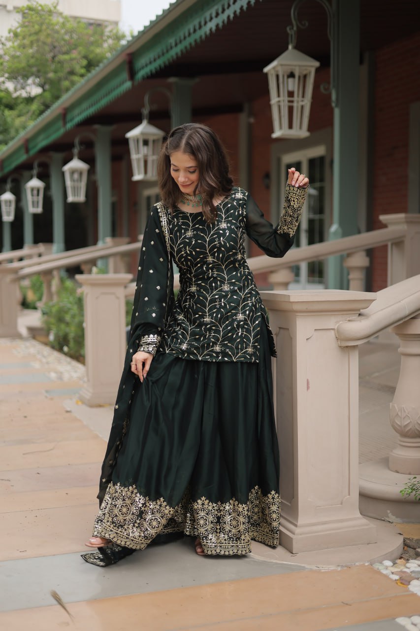 Green Premium Designer Readymade Kurti-Plazzo-Dupatta Set