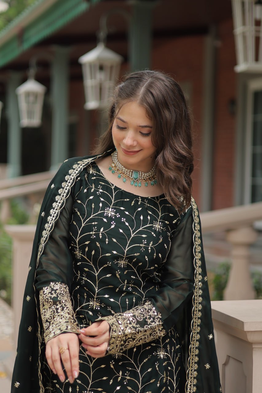 Green Premium Designer Readymade Kurti-Plazzo-Dupatta Set