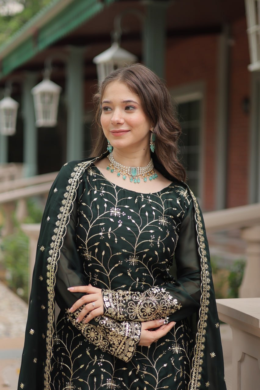 Green Premium Designer Readymade Kurti-Plazzo-Dupatta Set
