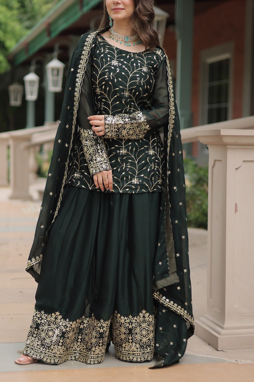 Green Premium Designer Readymade Kurti-Plazzo-Dupatta Set