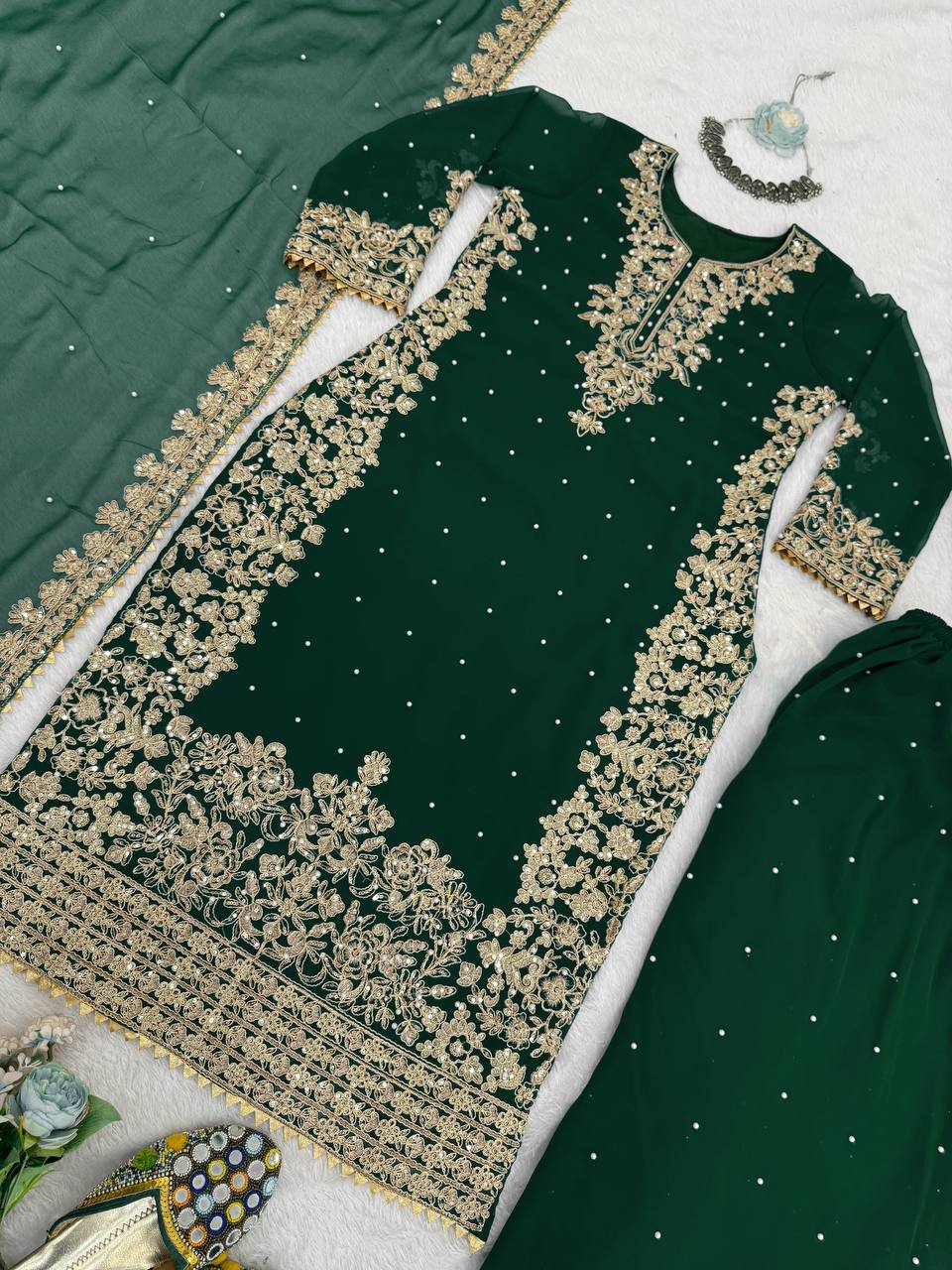 Green Premium Faux Georgette Coding–Sequins Plazo Set with Dupatta