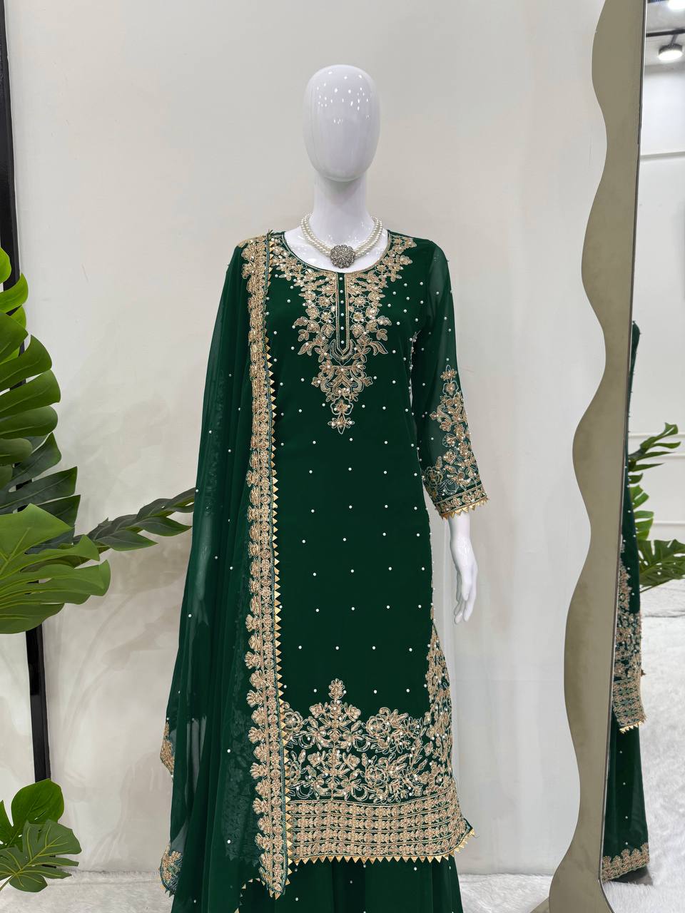 Green Premium Faux Georgette Coding–Sequins Plazo Set with Dupatta