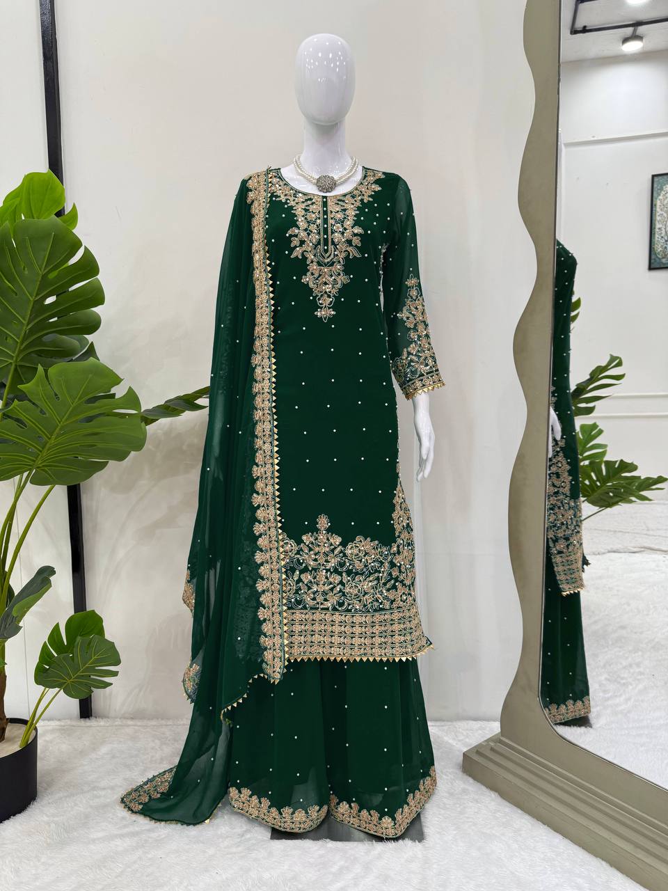 Green Premium Faux Georgette Coding–Sequins Plazo Set with Dupatta