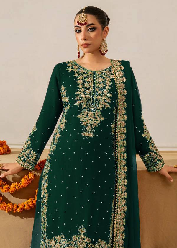 Green Premium Faux Georgette Coding–Sequins Plazo Set with Dupatta