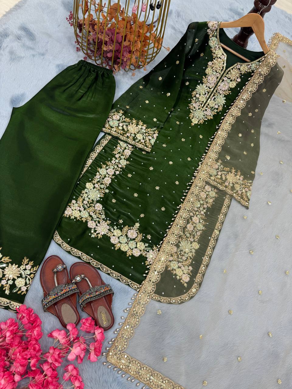 Green Premium Embroidered Palazzo Set with Dupatta