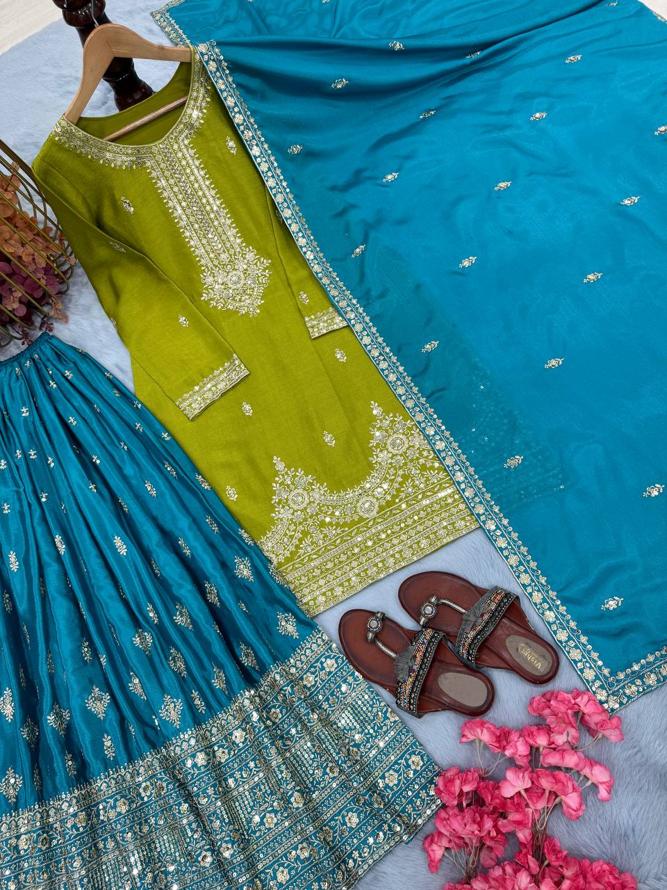 Green Premium Pur Chinon Silk Embroidered Palazzo Set with Dupatta – Fully Stitched