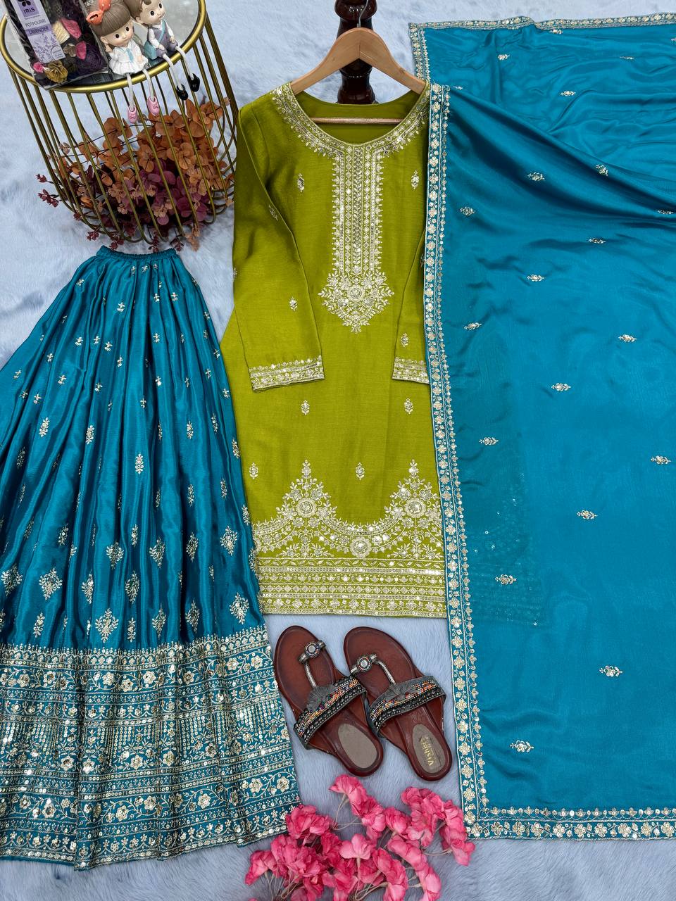 Green Premium Pur Chinon Silk Embroidered Palazzo Set with Dupatta – Fully Stitched