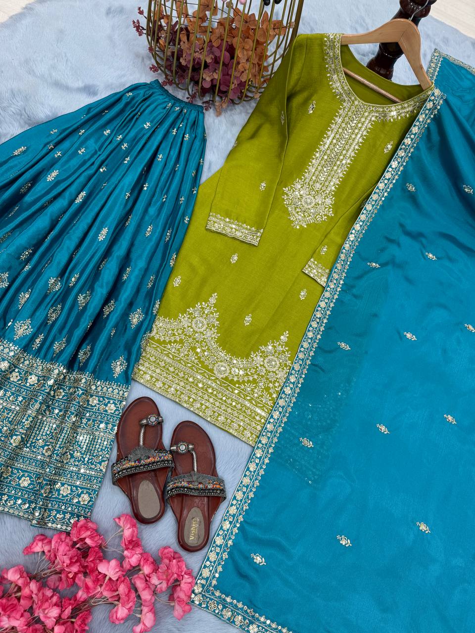 Green Premium Pur Chinon Silk Embroidered Palazzo Set with Dupatta – Fully Stitched