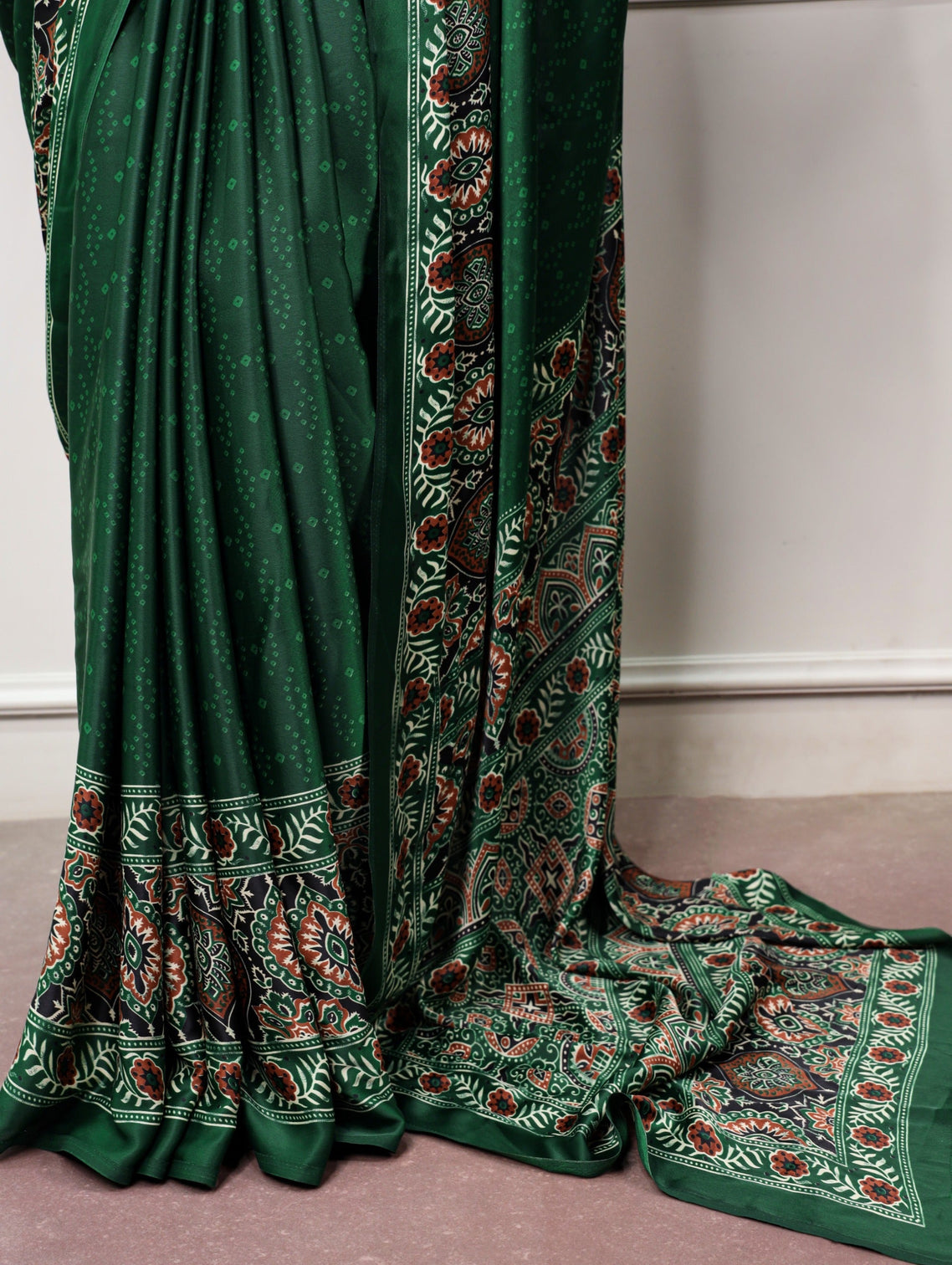 Green Print Satin Silk Saree