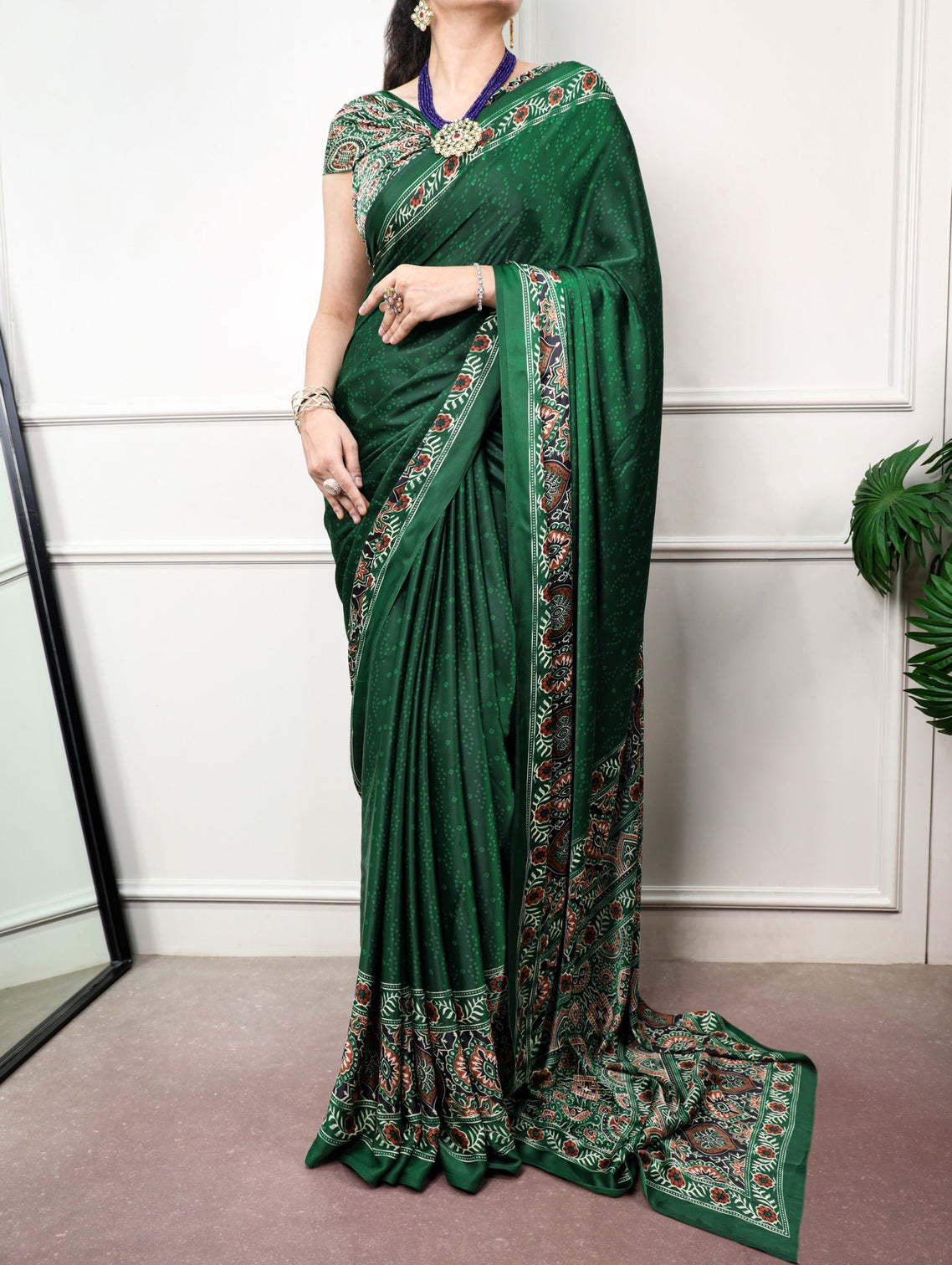 Green Print Satin Silk Saree