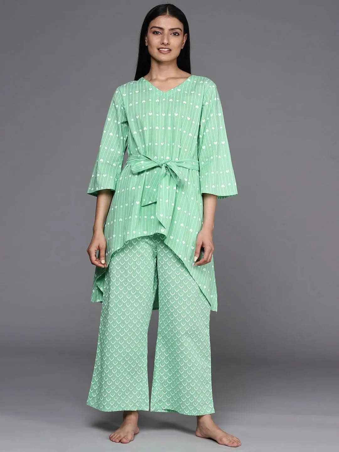 Mameraa Green Printed Cotton A-Line Kurta With Palazzos