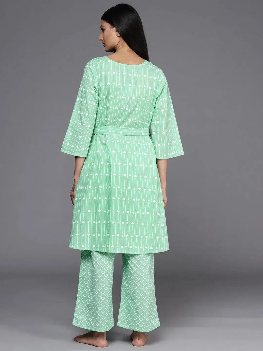 Mameraa Green Printed Cotton A-Line Kurta With Palazzos
