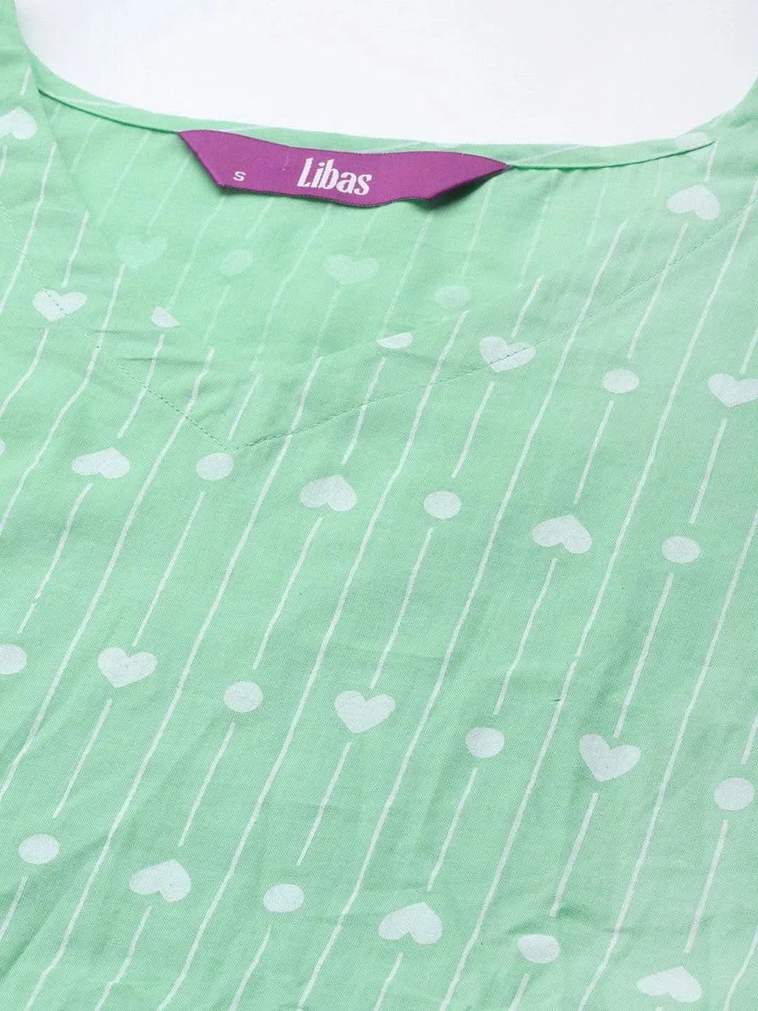 Mameraa Green Printed Cotton A-Line Kurta With Palazzos