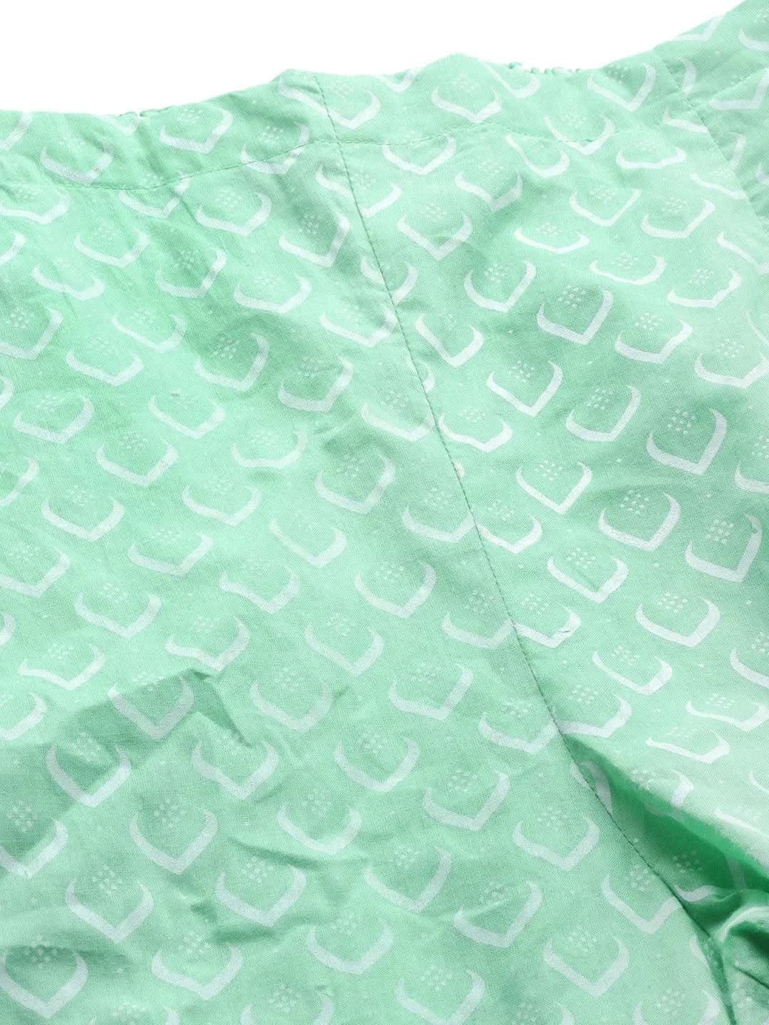 Mameraa Green Printed Cotton A-Line Kurta With Palazzos