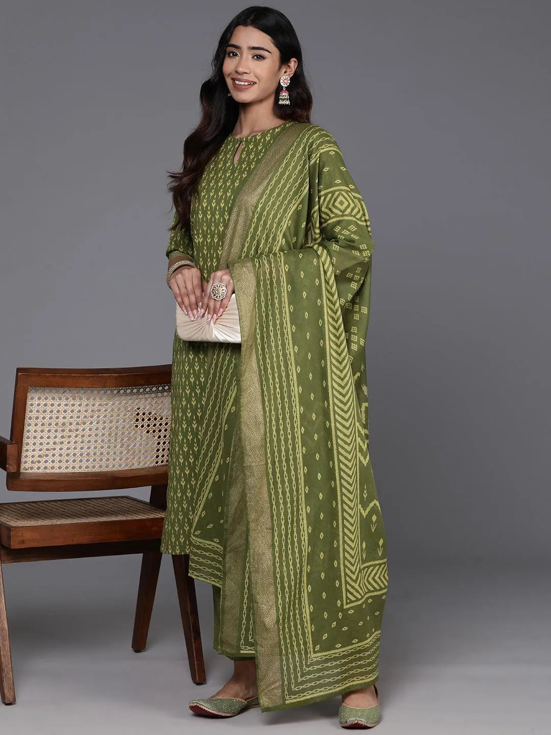 Libas Green Printed Cotton Straight Suit With Dupatta