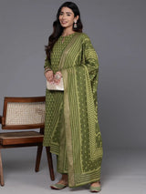 Libas Green Printed Cotton Straight Suit With Dupatta