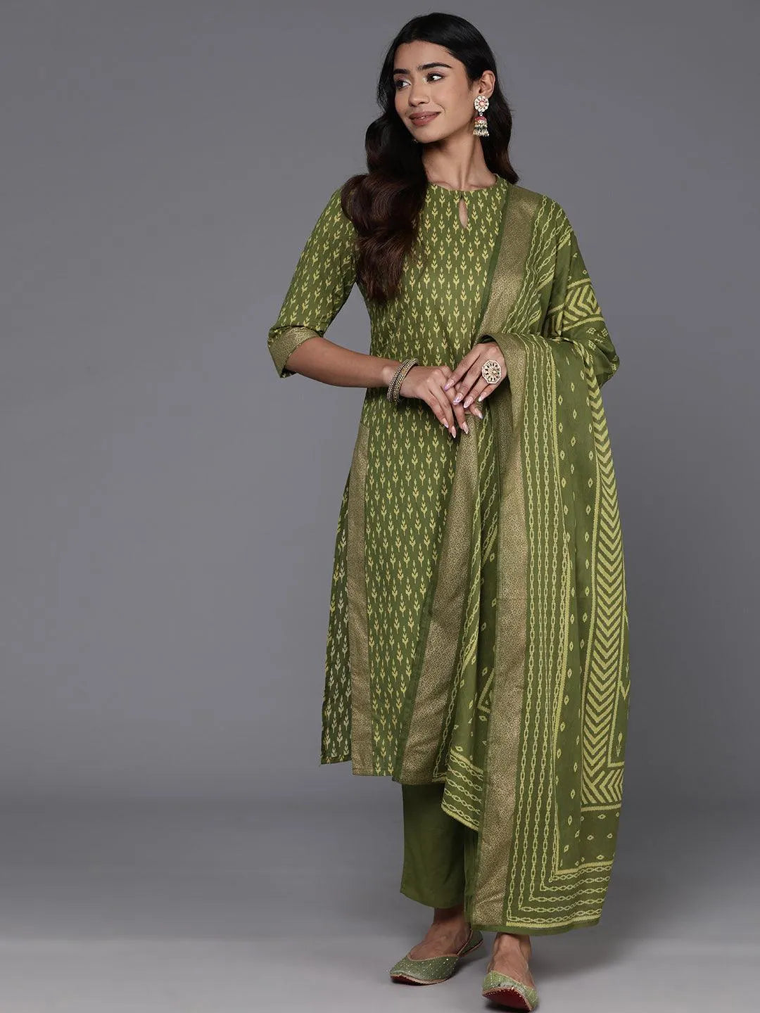 Libas Green Printed Cotton Straight Suit With Dupatta