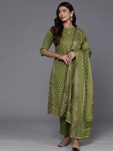 Libas Green Printed Cotton Straight Suit With Dupatta
