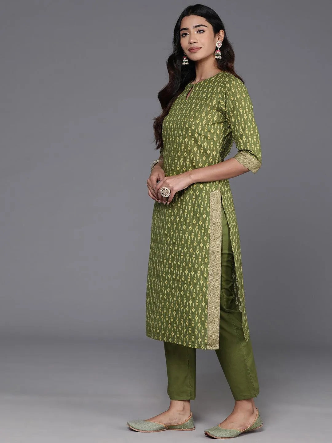 Libas Green Printed Cotton Straight Suit With Dupatta