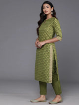 Libas Green Printed Cotton Straight Suit With Dupatta