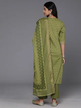 Libas Green Printed Cotton Straight Suit With Dupatta