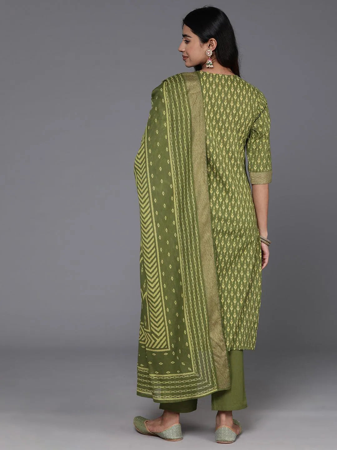 Libas Green Printed Cotton Straight Suit With Dupatta