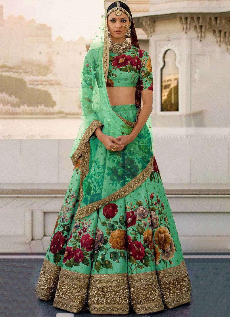 Green Printed Pearl Work Heavily Drape Lehenga Choli Set