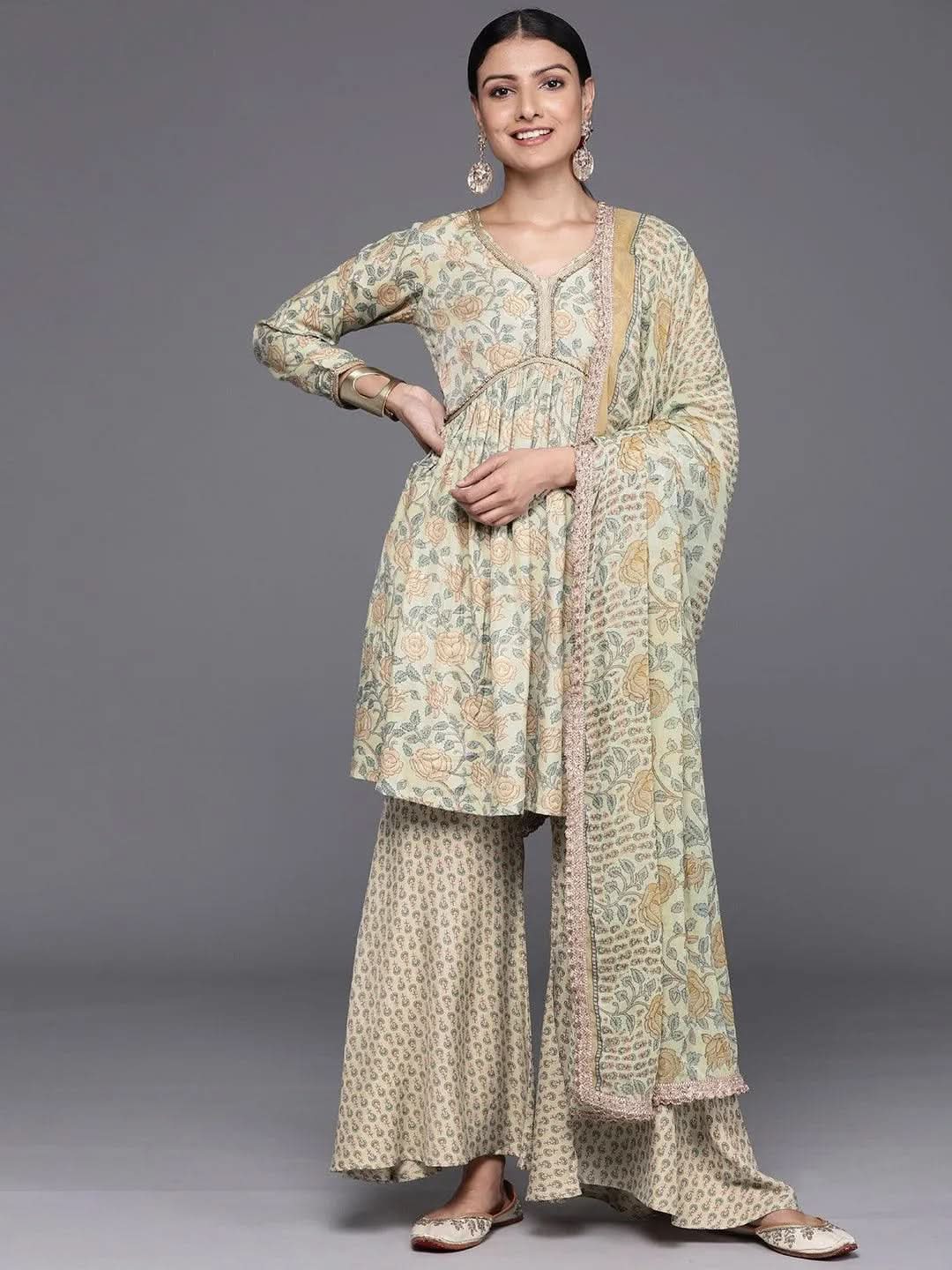 Mameraa Green Printed Silk Blend A-Line Sharara Suit Set With Dupatta
