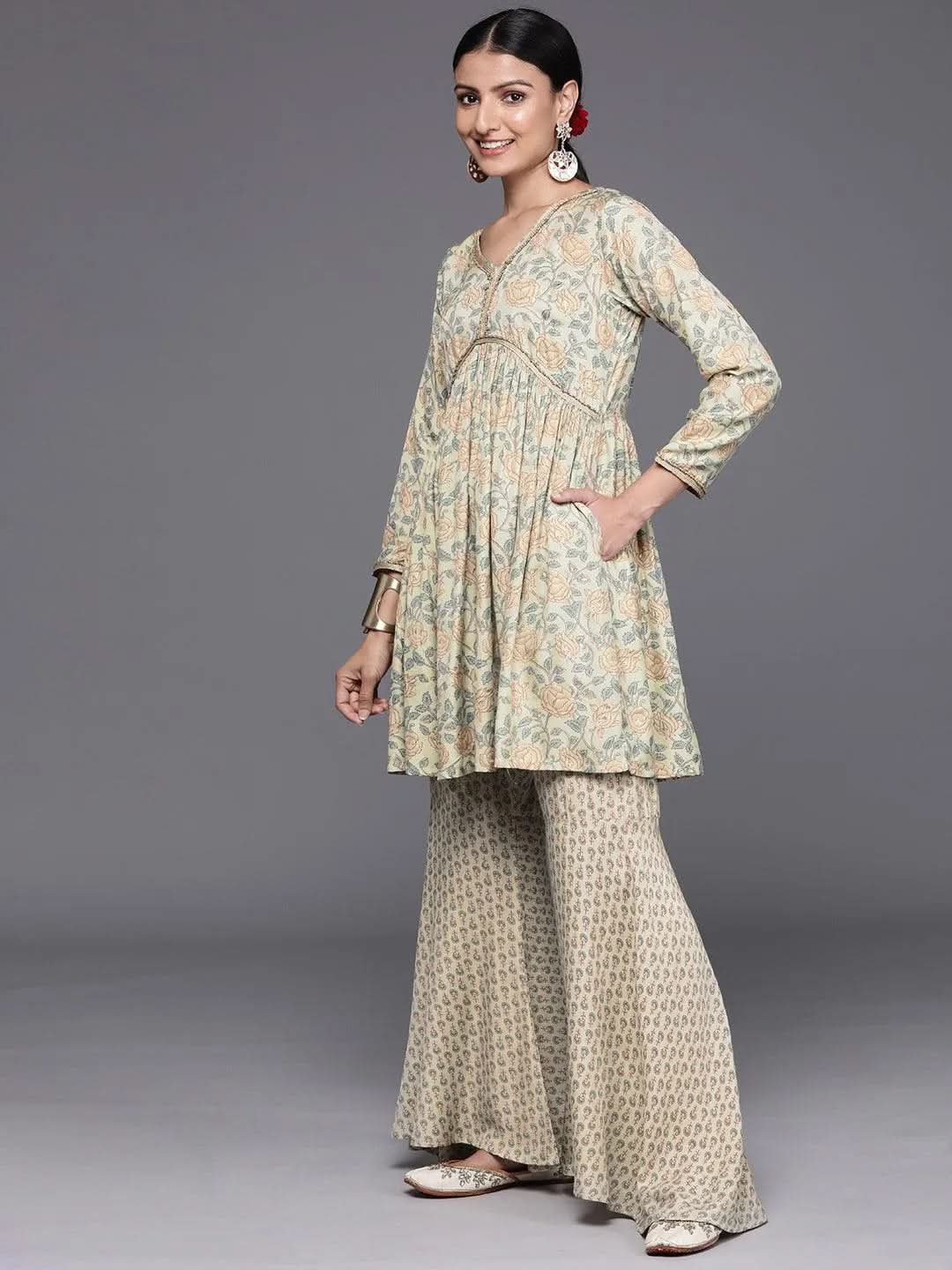 Mameraa Green Printed Silk Blend A-Line Sharara Suit Set With Dupatta