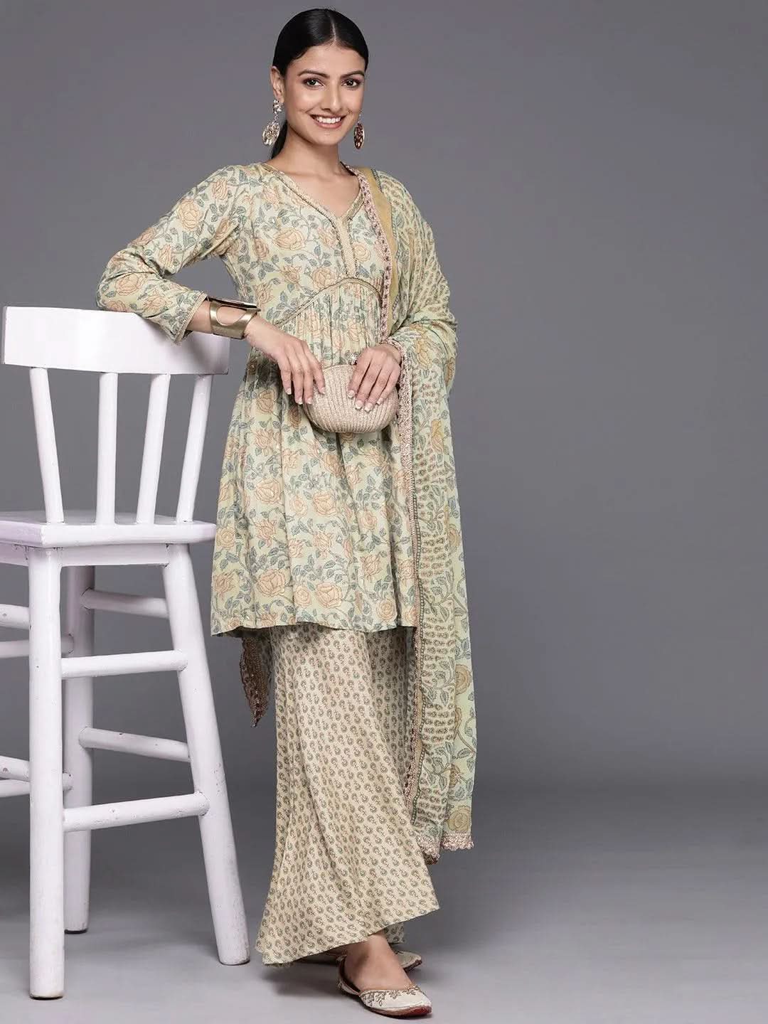 Mameraa Green Printed Silk Blend A-Line Sharara Suit Set With Dupatta