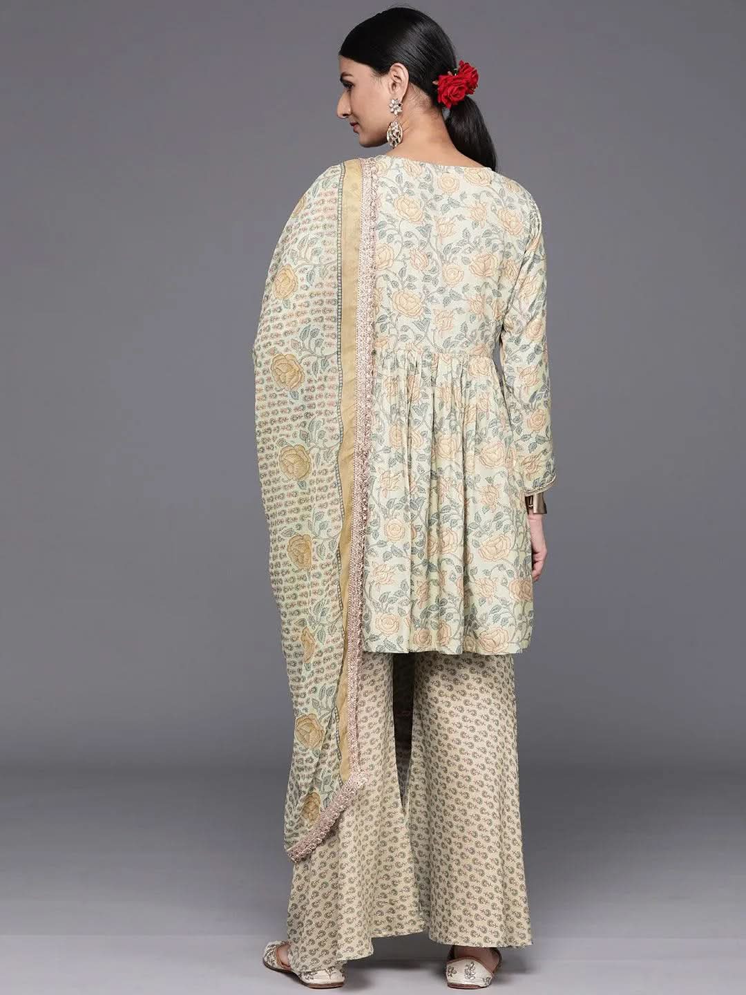 Mameraa Green Printed Silk Blend A-Line Sharara Suit Set With Dupatta