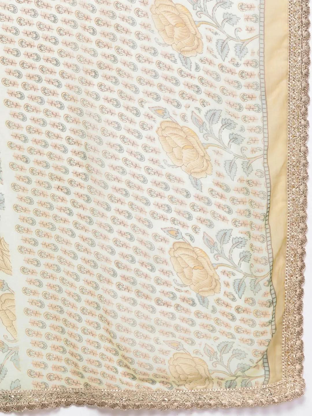 Mameraa Green Printed Silk Blend A-Line Sharara Suit Set With Dupatta