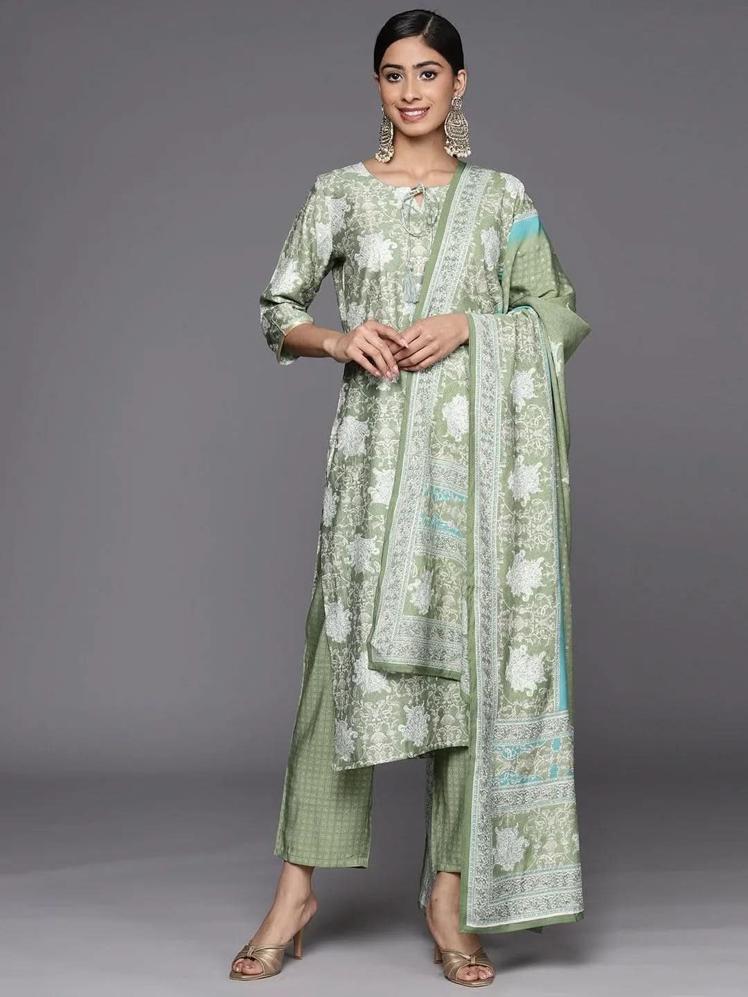 Gerua Green Printed Silk Blend Straight Kurta With Trousers & Dupatta