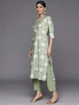Gerua Green Printed Silk Blend Straight Kurta With Trousers & Dupatta